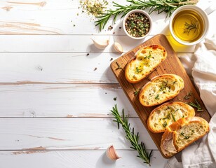 Freshly baked garlic bread with herbs and melted cheese served on a wooden cutting board with olive oil and herbs on a bright white rustic table setting