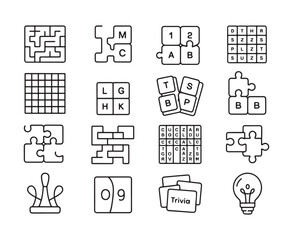 Collection of game and puzzle icons including maze crossword word search and lightbulb letters