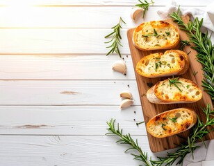 Freshly baked garlic bread slices with herbs on a wooden cutting board with rosemary and garlic cloves on a white wooden surface for a delicious snack or appetizer