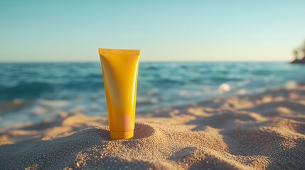 Sunscreen lotion on sandy beach for sun protection and skin care summer vacation travel essentials silhouette