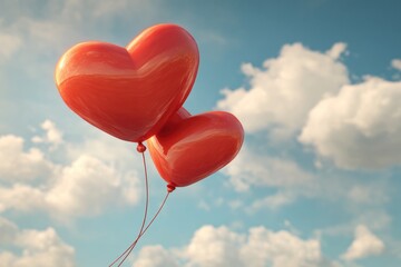 Two glossy red heart-shaped balloons ascend against a bright blue sky dotted with fluffy white clouds