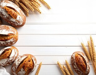 Freshly baked rustic bread rolls with crunchy crust and soft interior, garnished with wheat stalks on bright wooden background for bakery or breakfast theme