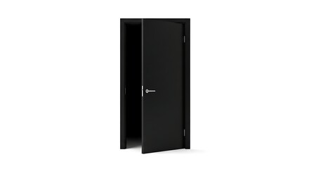 Modern black door slightly ajar, inviting entrance on a plain white background