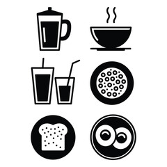 Hotel breakfast icon pack featuring coffee, juice, cereal bowl, toast, and scrambled egg in black and white vector silhouette