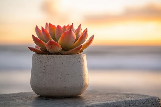 A succulent plant in a concrete pot, basking in the warm glow of sunset near the ocean.