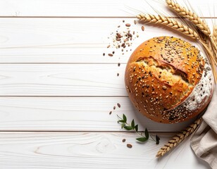 Fresh baked whole grain bread roll with seeds and cracked surface on white wooden table with wheat stalks and herbs for breakfast or bakery concept