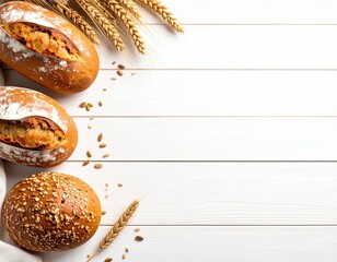 Fresh baked bread rolls with crispy crust sprinkled with oats and sesame seeds resting on white wooden surface with wheat stalks for bakery or breakfast theme