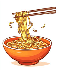 An illustration of chopsticks lifting long yellow noodles from a bowl, suggesting a delicious Asian meal.