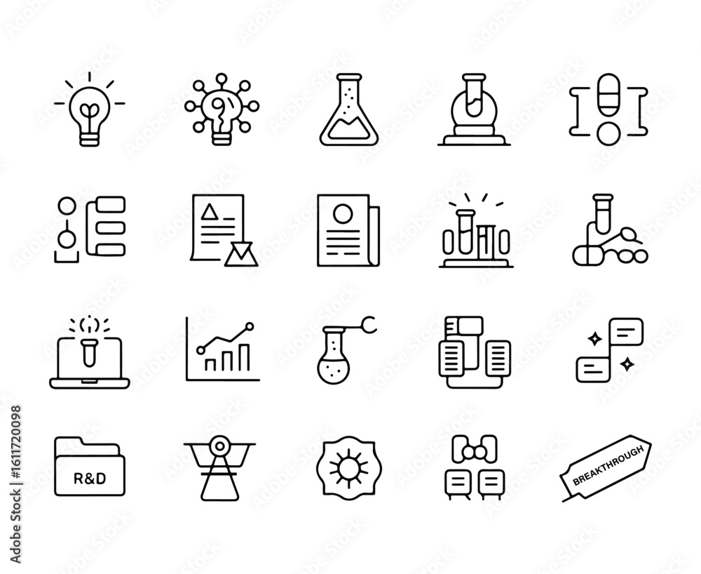 Poster collection of science and research icons including lightbulb flask microscope and data charts innova