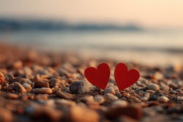 Fototapeta premium Two red paper hearts nestled amongst pebbles on a beach at sunset, ocean softly blurred in background