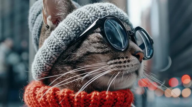 Trendy Cat Model Wearing Stylish Glasses and Cozy Sweater in Urban Fashion Setting