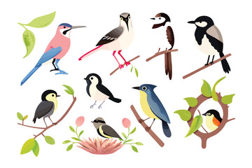 Birds in a Vector Landscape: A collection of vibrantly illustrated birds perched gracefully on branches and foliage, embodying the beauty and diversity of avifauna in a flat vector style.
