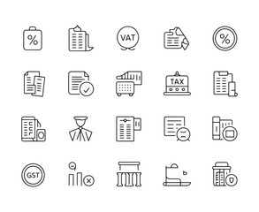 Collection of thin line icons related to finance taxes and business documents vector