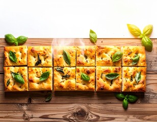 Freshly baked square flatbread pizza slices with melted cheese black olives and vibrant green basil leaves arranged on a wooden surface for a rustic Italian meal