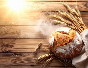 Traditional rustic round bread loaf with cracked crust, wheat stalks, and flour dust on a wooden table against warm lighting for artisanal baking and bakery concepts