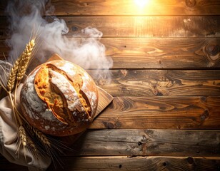 Traditional rustic wooden table with steaming freshly baked round bread loaf decorated with wheat stalks in warm natural lighting setting for bakery or food concept
