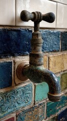 Vintage faucet against colorful tiled wall