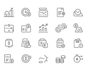 Collection of thin line icons representing financial concepts and business growth finance money