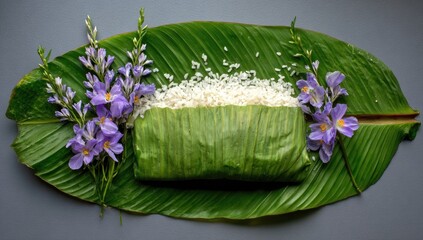 Wrapped rice dish on banana leaf with flowers and grains