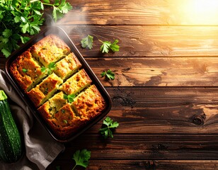 Freshly baked zucchini bread in a black baking dish on rustic wooden table with green herbs and sunlight illumination