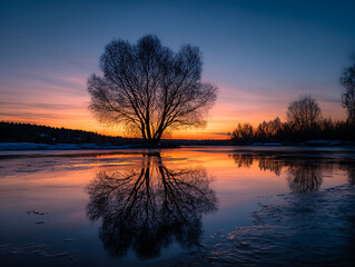 Solitary tree reflected in still water at sunset with vibrant sky