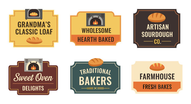 A collection of vintage-style bakery labels featuring bread loaves, ovens, and descriptive text, perfect for branding and design projects related to food and baking.