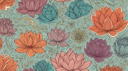 Seamless Pattern Colorful lotus pattern on turquoise background.