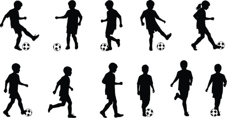 Silhouette of children playing soccer, football kids silhouette, active kids with soccer ball, sport activity silhouettes, childhood playtime vector, black silhouette illustration.