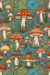 Seamless Pattern Colorful mushroom pattern with flowers.