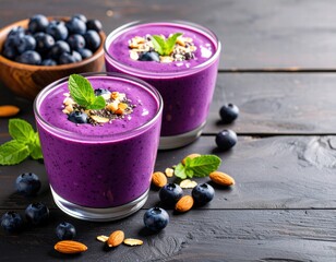 Refreshing purple berry smoothies in clear glasses garnished with mint and nuts, placed on dark rustic wooden table with blueberries and almonds scattered