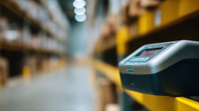 Digital Scale on Warehouse Shelf with Blurred Background