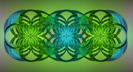 Three intersecting floral arrangements in green and blue on a light green gradient backdrop