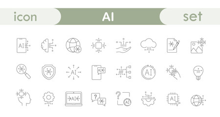 set of linear icons artificial intelligence