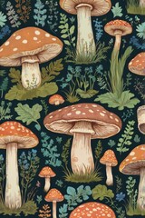 Seamless Pattern Illustrated mushrooms with green leafy plants.