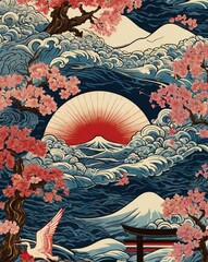 Seamless Pattern Japanese art, sunrise, cherry blossom scene.