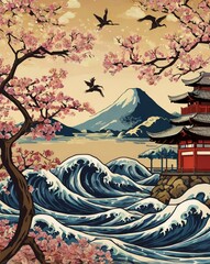 Seamless Pattern Serene Japanese landscape with cherry blossoms.