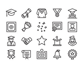 Graduation ceremony icons including cap diploma gown medal certificate handshake star bell and awards
