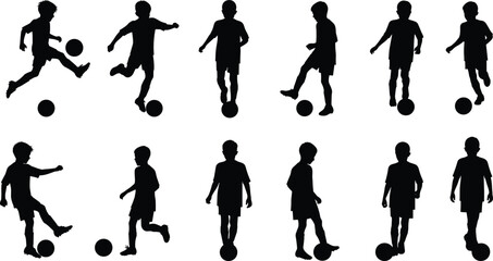 Silhouette of boys playing soccer, football kid vector, child kicking ball, sports activity silhouettes, boys training soccer, youth game, action pose bundle