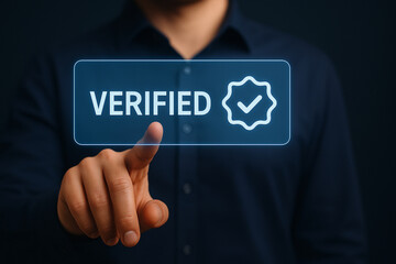 Businessman Tapping Verified Hologram Button Icon on Virtual Touchscreen for Secure Access Approval, Authentication, Certification, or Validation Process