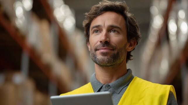 Thoughtful warehouse manager with tablet in busy storage facility - Powered by Adobe