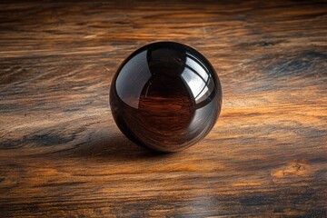 A dark, polished sphere rests on a rich, dark wood surface, reflecting light.