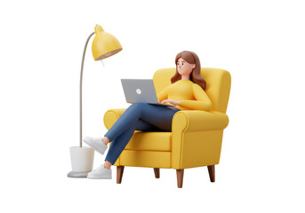 Woman in Yellow Sweater Using Laptop Sitting on Yellow Armchair Near Floor Lamp