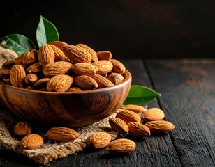 Close-up of a wooden bowl filled with whole almonds and green leaves on a rustic dark wooden surface with natural lighting and shadows