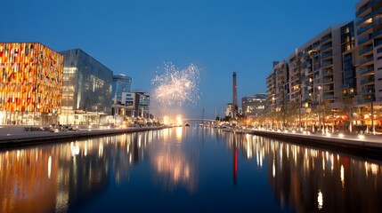 Fototapeta premium City waterfront at twilight with fireworks.