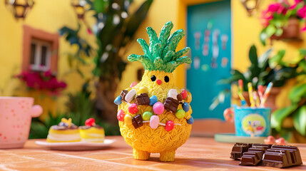 Pineapple-shaped figurine decorated with candy.  Sweet treats and colorful decorations surrounding it on a table
