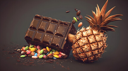 Chocolate bar and pineapple with colorful candies.  A dark chocolate bar, broken, sits amidst a scattering of colorful candies. A golden pineapple sits beside it
