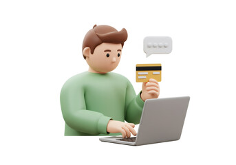 Cartoon Man Shopping Online with Laptop Credit Card on Transparent Background
