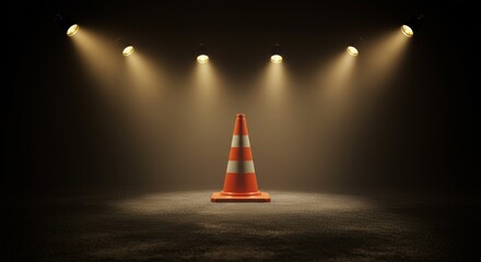 An orange traffic cone with white stripes stands under stage lights casting a spotlight effect