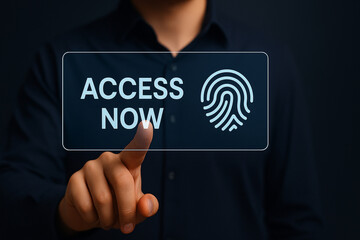 Man Touching Digital Access Now Button with Fingerprint Icon on Transparent Interface – Futuristic Authentication Concept for Web Use