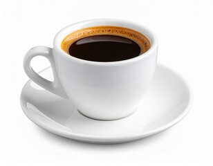 Close-up of a white ceramic coffee cup filled with hot black coffee on a matching saucer isolated on a plain white background